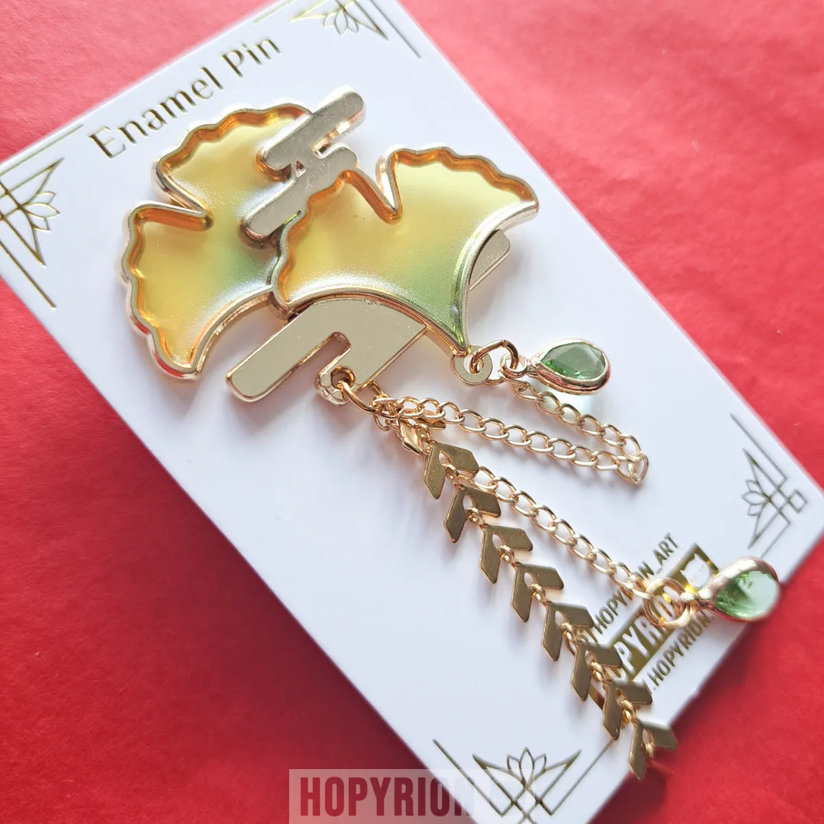 Hopyrion Ginkgogari emaljepin guld 5 cm