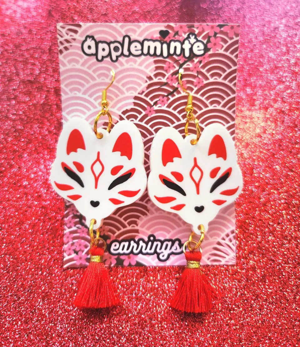 Appleminte Kitsune øreringe akryl med kvast