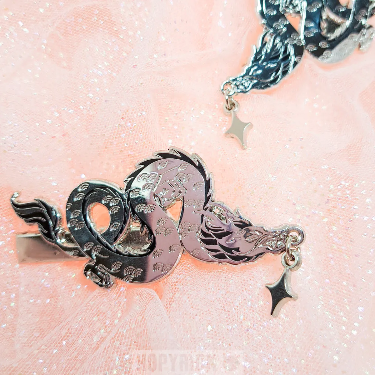 Hopyrion Twin Dragon hårspænde sølv 4 cm