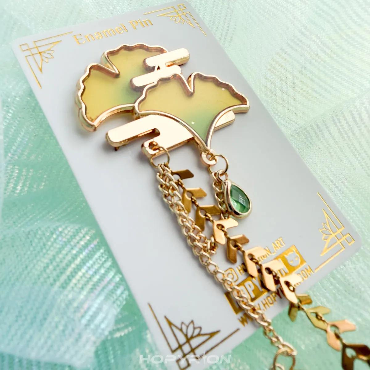 Hopyrion Ginkgogari emaljepin guld 5 cm